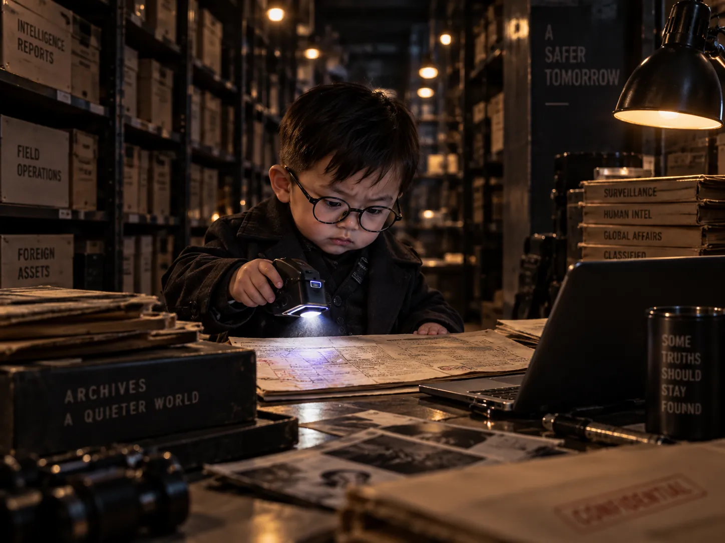 A baby agent with glasses examining documents in an archive