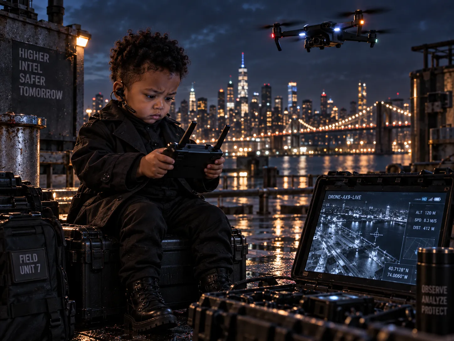 A baby agent controlling a drone on a nighttime rooftop