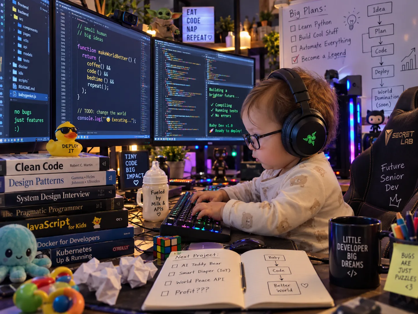 A little developer wearing headphones at a warmly lit coding workstation