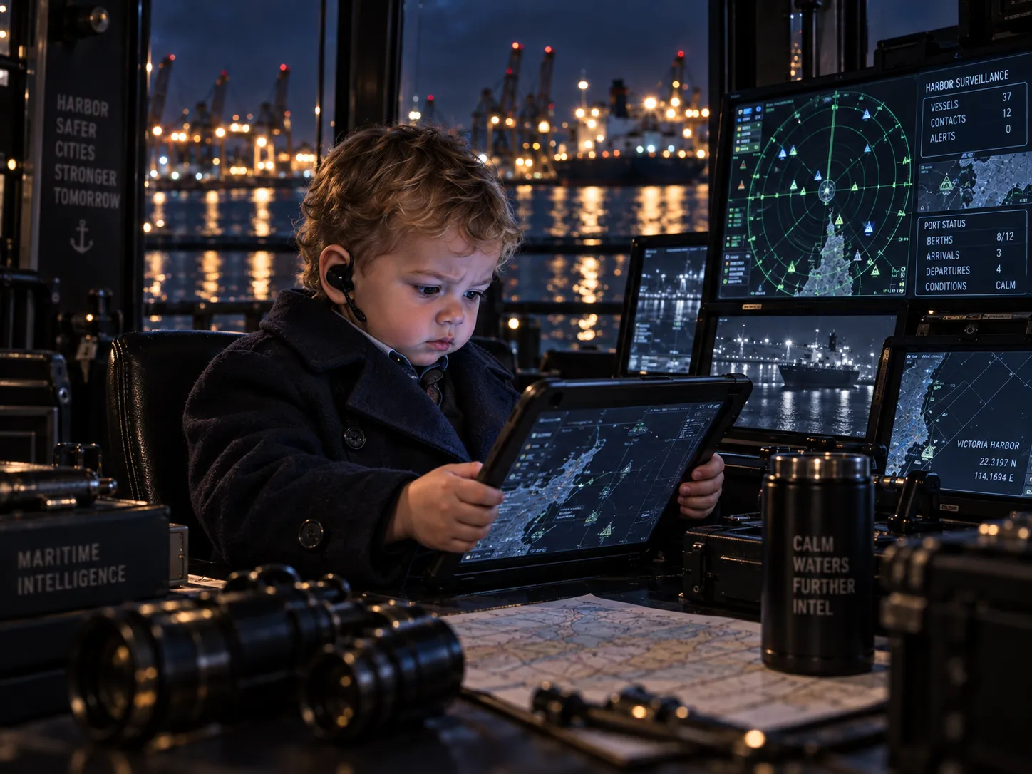 A baby agent reviewing a tablet at a harbor command center