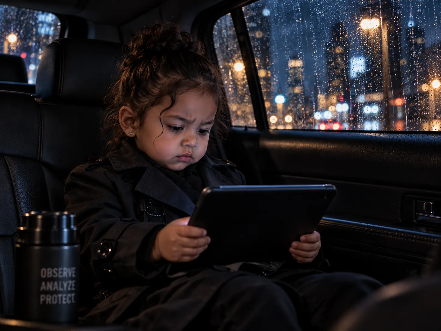 A baby agent studying a tablet in a car on a rainy night