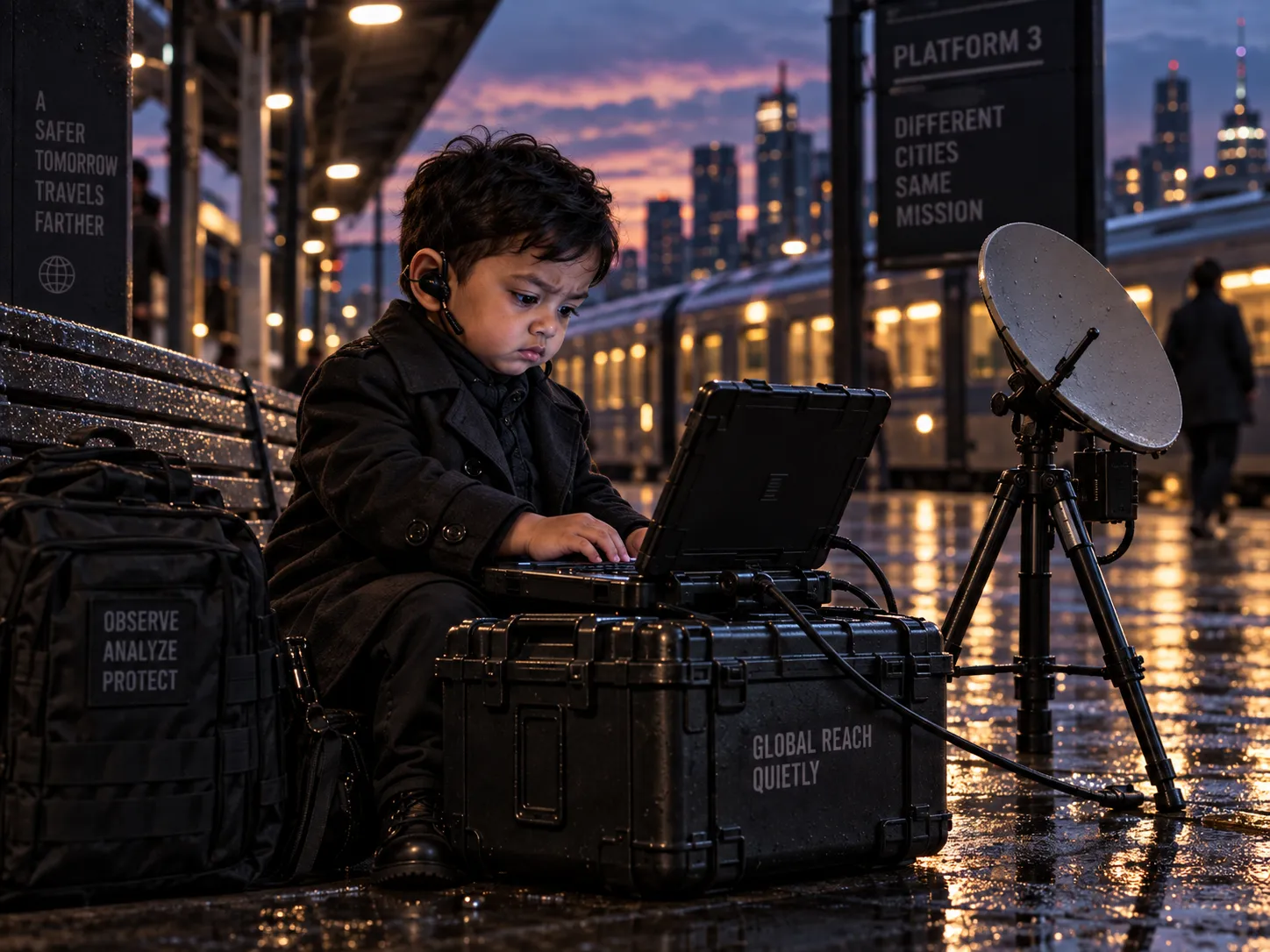 A baby agent working at a railway station with a satellite dish